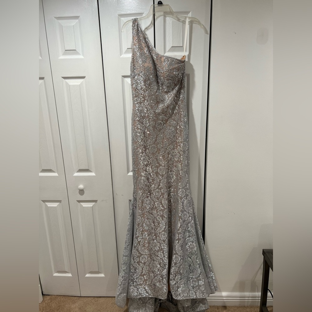Beautiful Renaissance Bridal silver one shoulder pageant gown